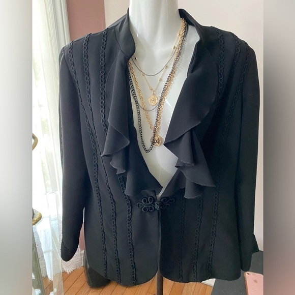 OSCAR de la Renta Black Braided Gothic Military Ruffle Front Jacket Sz US 12 - Picture 6 of 12